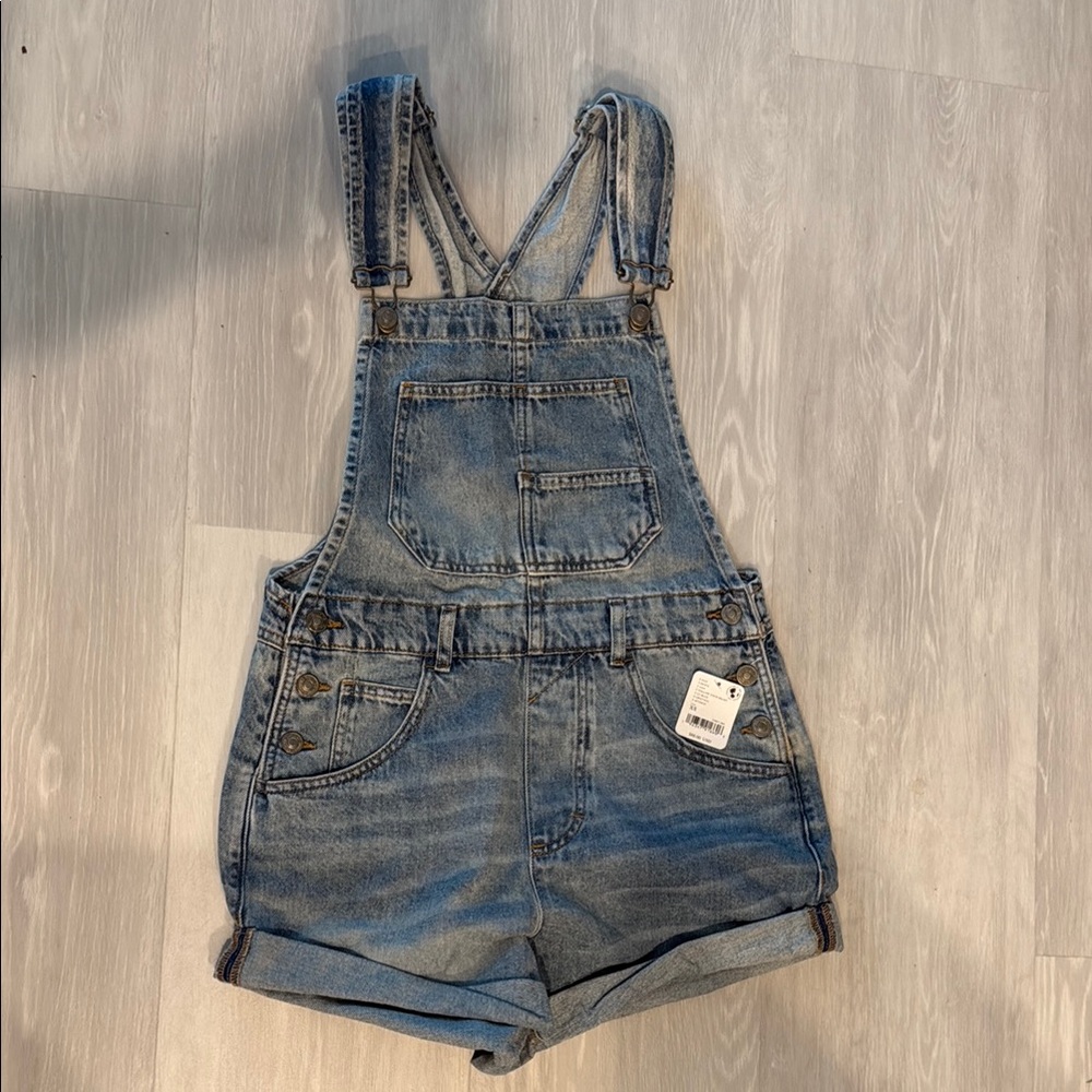 Free People Denim Blue Overalls Shorts
